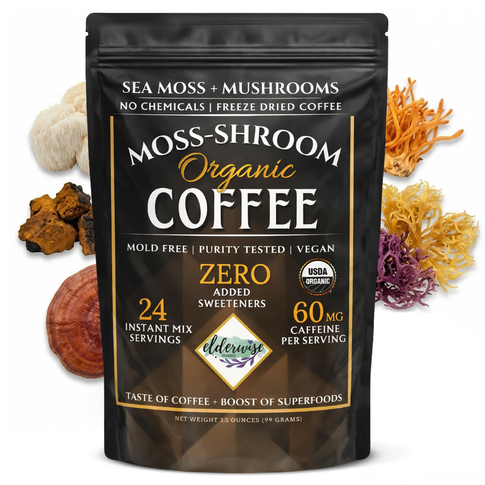 Elderwise Coffee front pack with premium blend and fair trade badge.