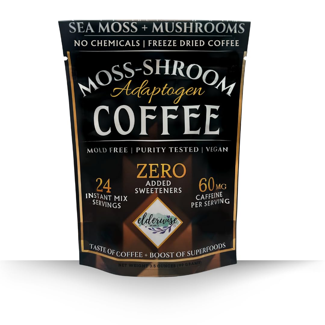 Close-up of Lion's Mane, Chaga, Reishi, Cordyceps, and Sea Moss ingredients.
