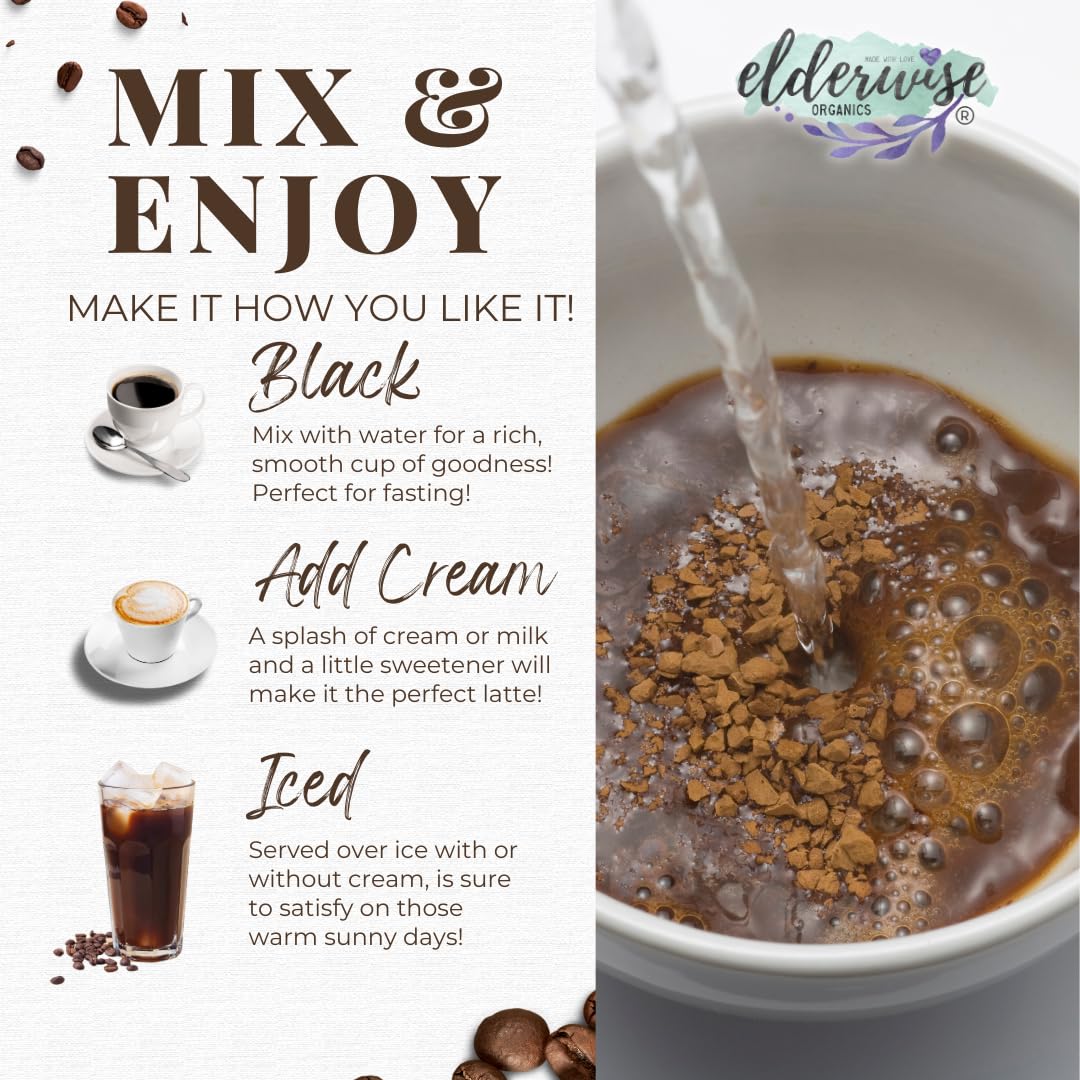 Scoop of Elderwise Coffee being added to a cup for quick preparation.