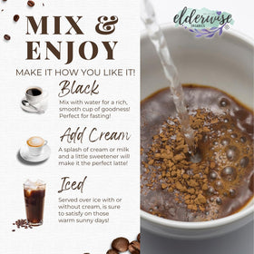 Scoop of Elderwise Coffee being added to a cup for quick preparation.