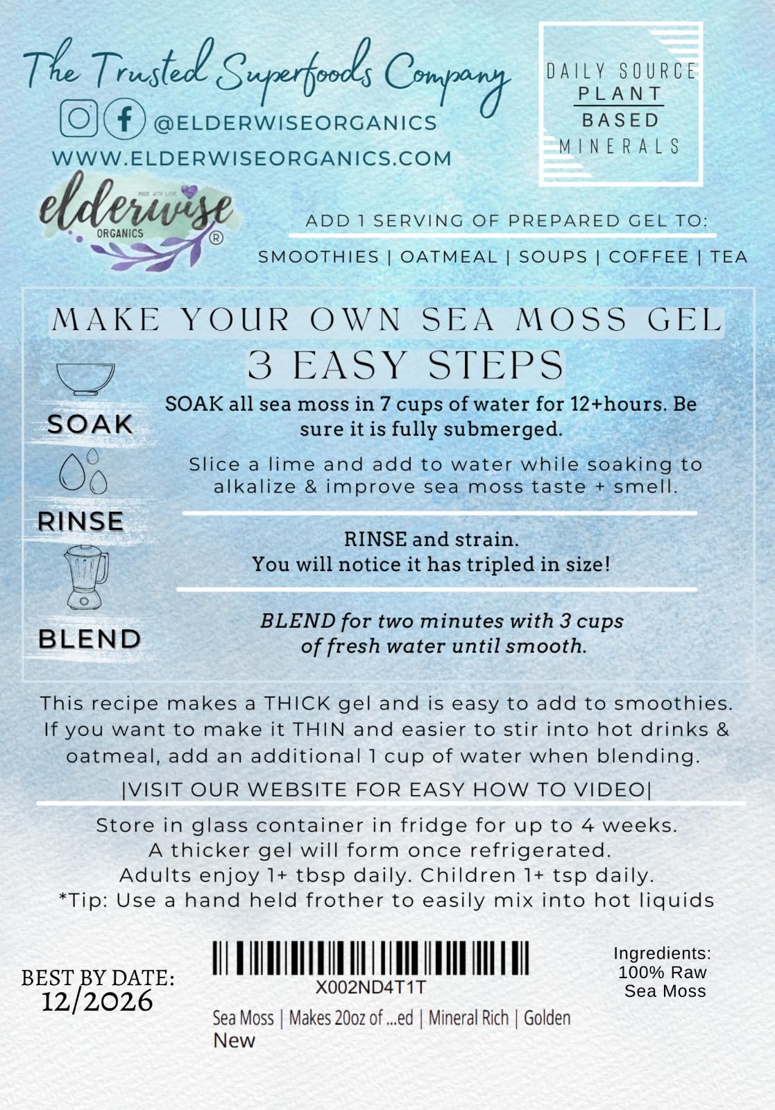 Elderwise Organics Sea Moss Label View shows quality and origin