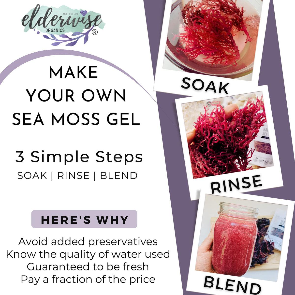 Elderwise Raw Sea Moss Purple, sundried texture and non-GMO authenticity for prep.