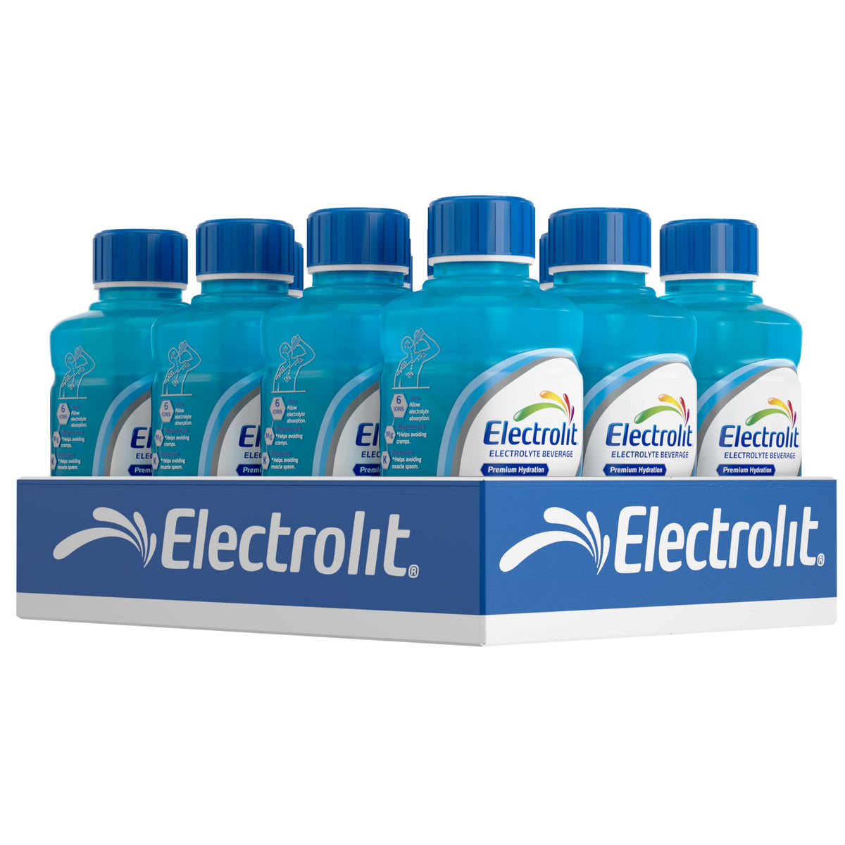 Electrolit Blue Raspberry bottle front, refreshing electrolyte hydration