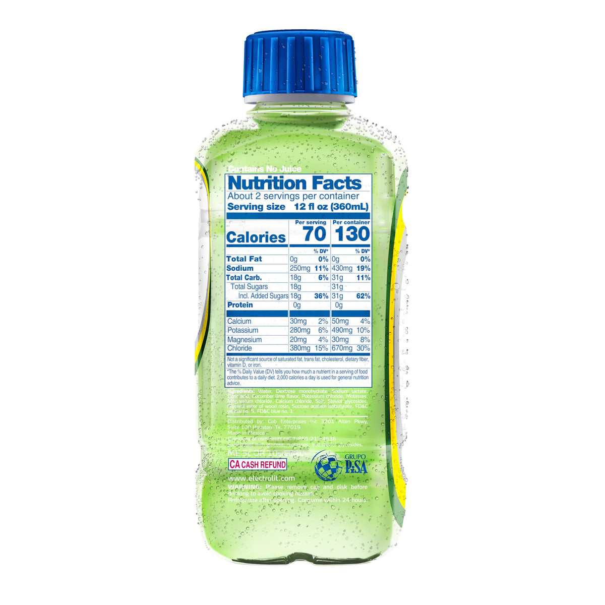 Electrolit cucumber-lime splash conveying a crisp, refreshing flavor