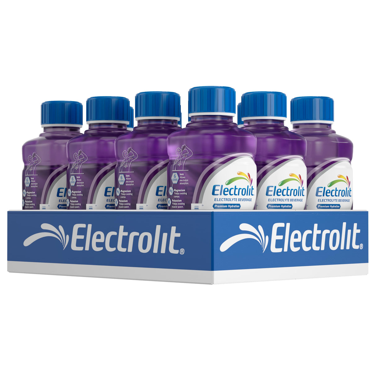 Electrolit Grape 21oz bottle in a 12-pack for convenient hydration on the go.