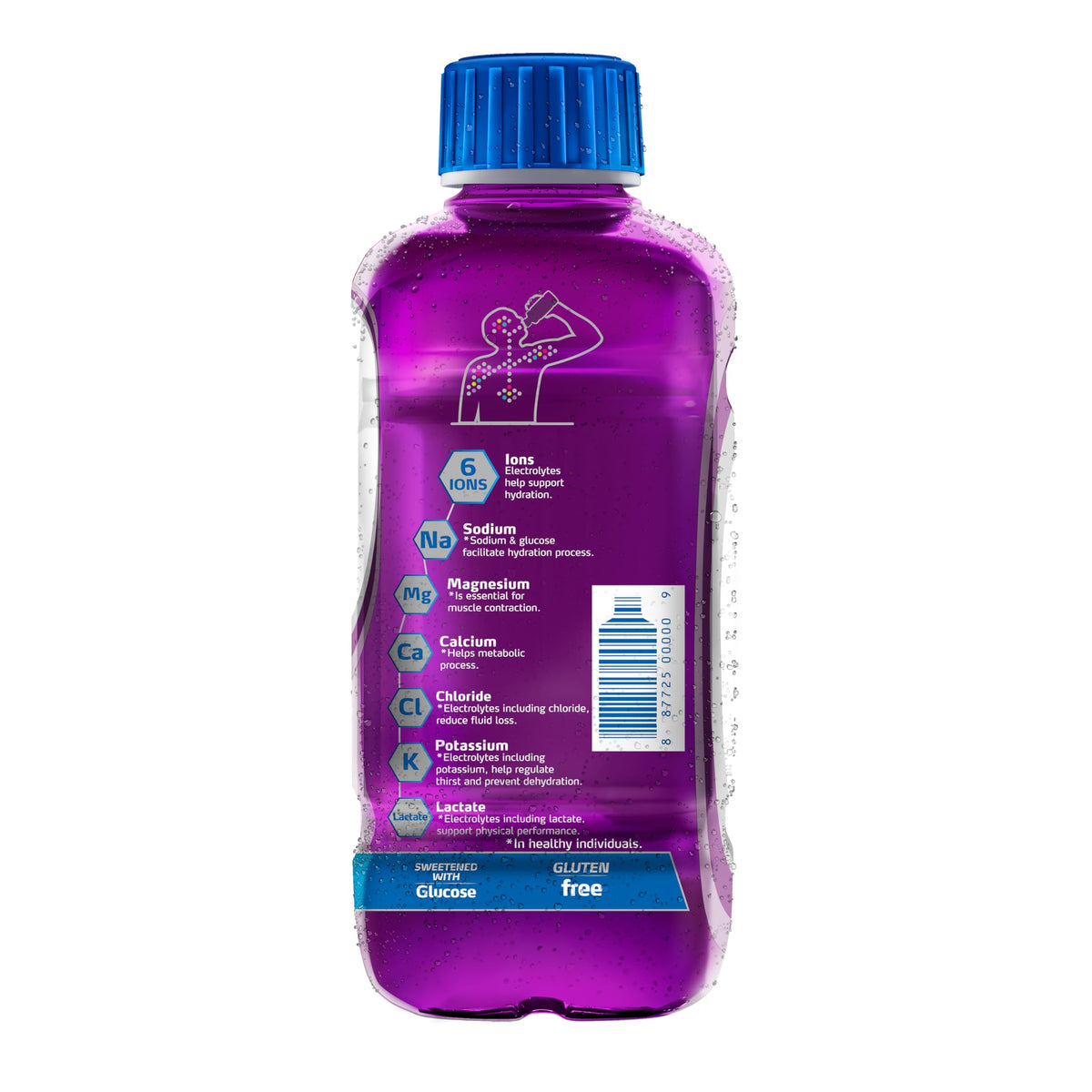 Electrolit Grape bottle back label shows balanced electrolytes for daily hydration.
