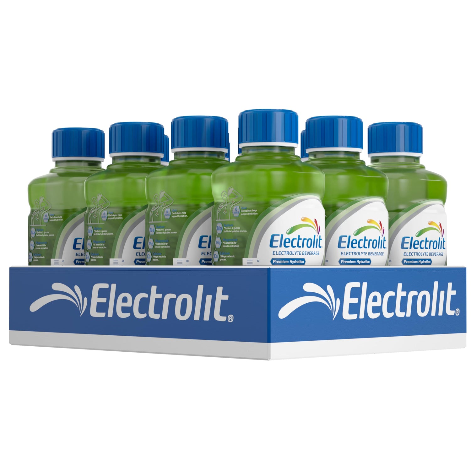 Electrolit Green Apple bottle on shelf for refreshing hydration.
