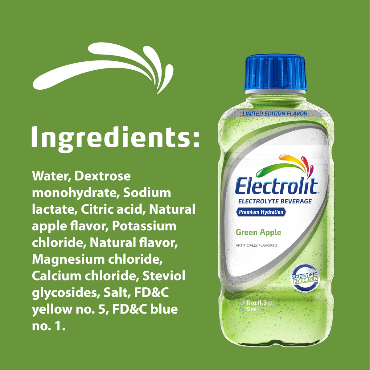 Electrolit Green Apple liquid splash suggests a refreshing taste.