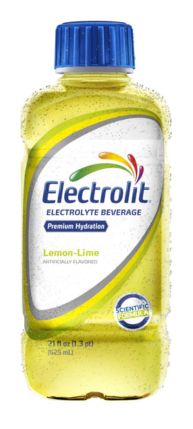Electrolit Lemon-Lime bottle pouring into glass for quick hydration.