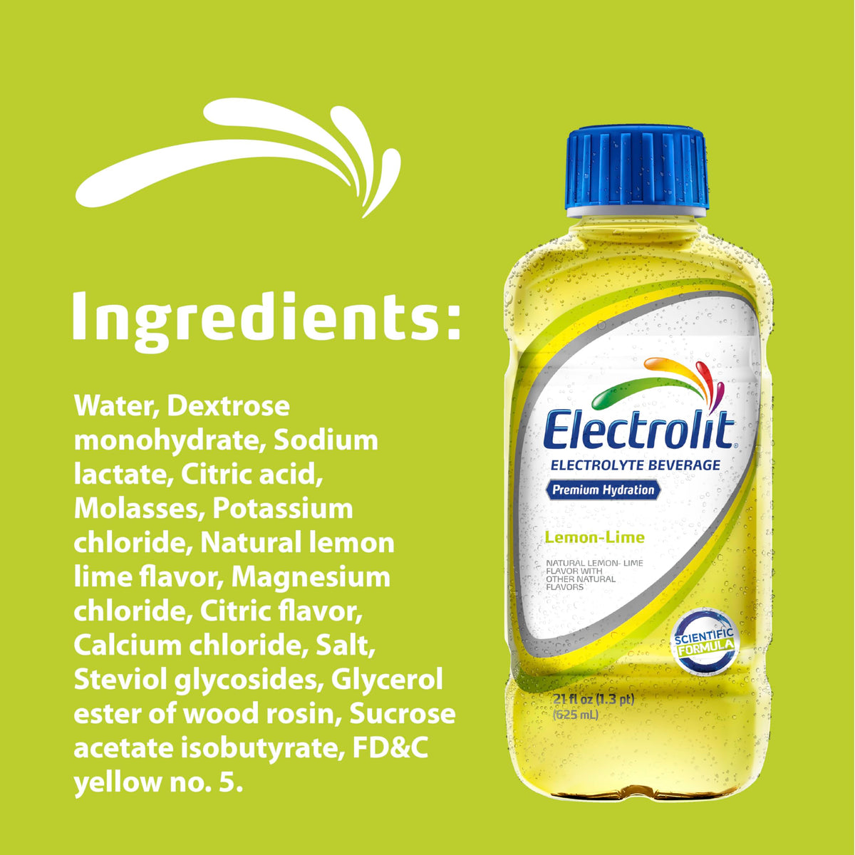 Electrolit Lemon-Lime label close-up highlighting electrolyte balance.
