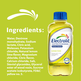 Electrolit Lemon-Lime label close-up highlighting electrolyte balance.