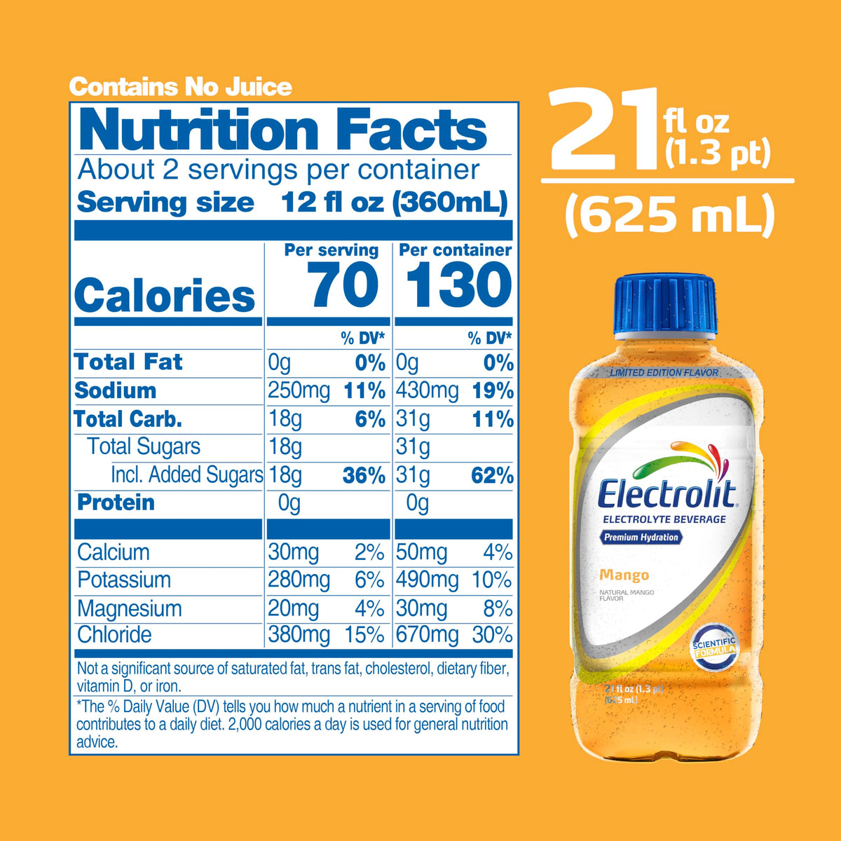 Electrolit Mango label closeup, premium electrolyte ingredients.