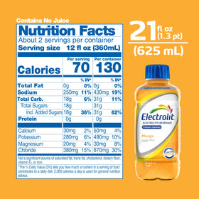 Electrolit Mango label closeup, premium electrolyte ingredients.