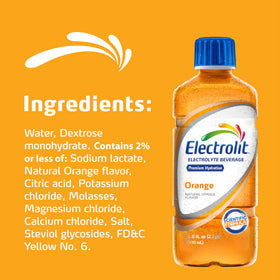 Electrolit Orange bottle closeup highlights electrolyte balance for active use.