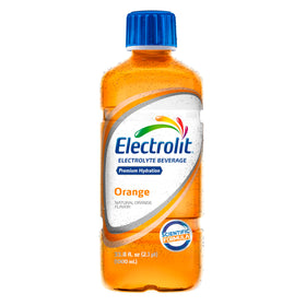 Electrolit Orange bottle pour showing refreshing hydration on the go.