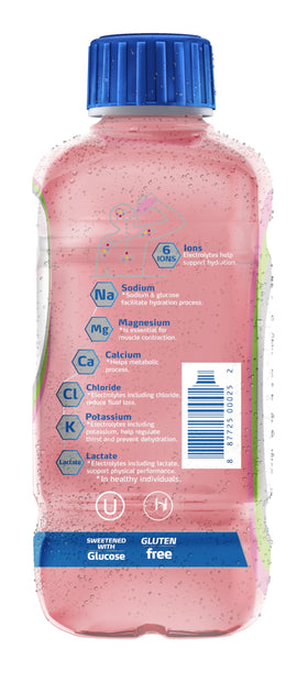 Electrolit Strawberry-Kiwi bottle closeup emphasizes vibrant color and flavor.