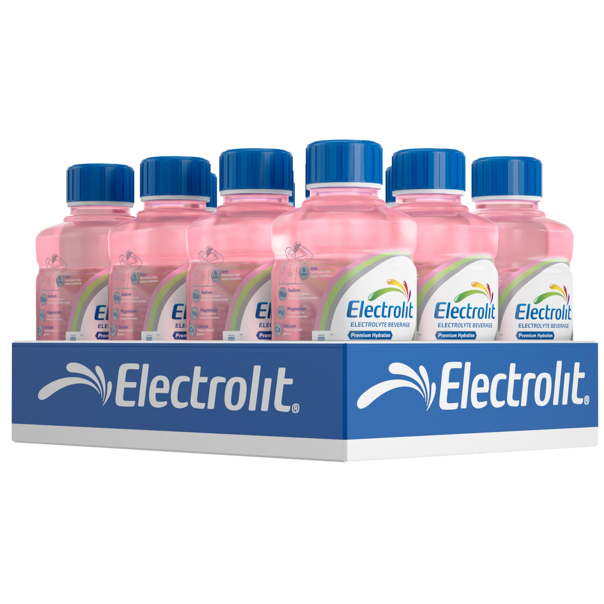 Electrolit Strawberry-Kiwi bottle pack 12 front view for active hydration.