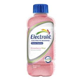 Electrolit Strawberry-Kiwi bottle side label shows electrolyte balance for hydration.
