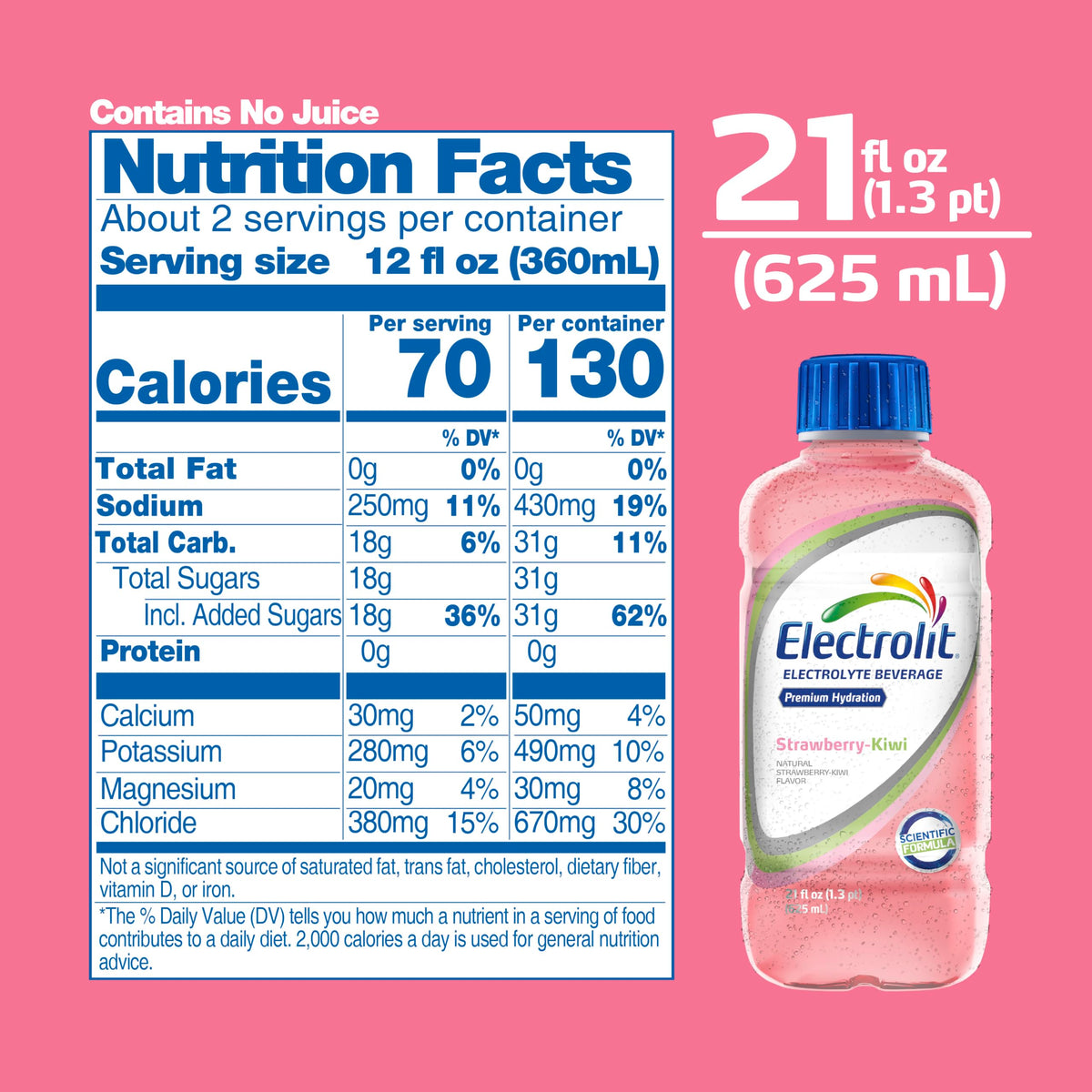 Electrolit Strawberry-Kiwi nutrition label back view highlights minerals and serving size.