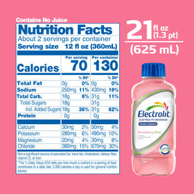 Electrolit Strawberry-Kiwi nutrition label back view highlights minerals and serving size.