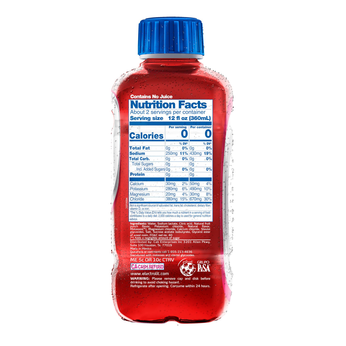 Close-up of Electrolit Zero Fruit Punch label with electrolytes highlighted.