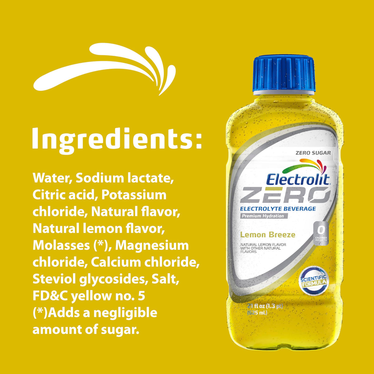 Electrolit Zero Lemon Breeze label showing gluten-free, sugar-free formula.