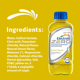 Electrolit Zero Lemon Breeze label showing gluten-free, sugar-free formula.