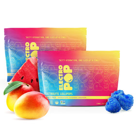 ElectroPop electrolyte lollipops variety pack showing three flavors for on-the-go hydration