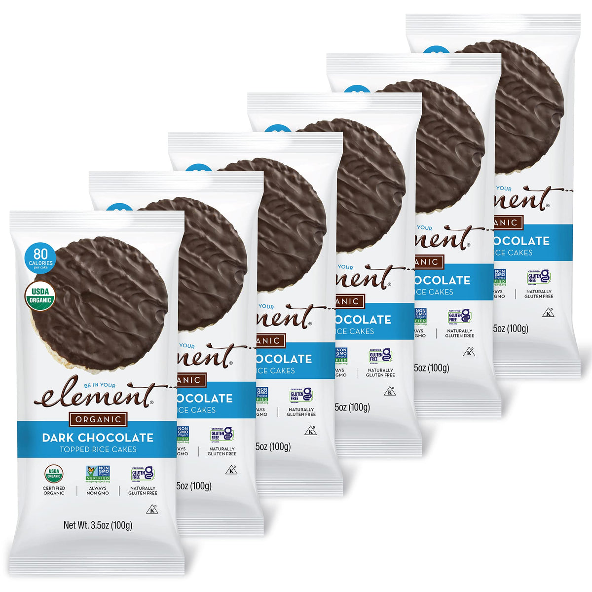 ELEMENT Dark Chocolate Topped Rice Cakes pack of 6, convenient gluten-free snack option.