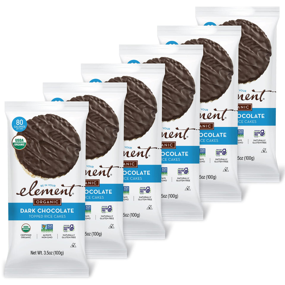 ELEMENT Dark Chocolate Topped Rice Cakes pack of 6, convenient gluten-free snack option.