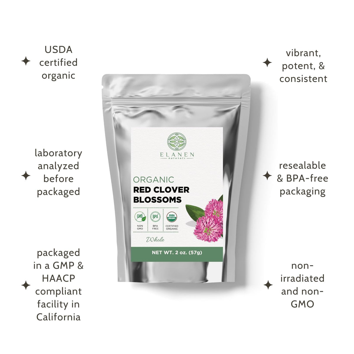 Elanen Naturals resealable BPA-free packaging keeps red clover tea fresh
