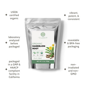 Elanen Naturals Dandelion Root sourced from China with organic growing practices.