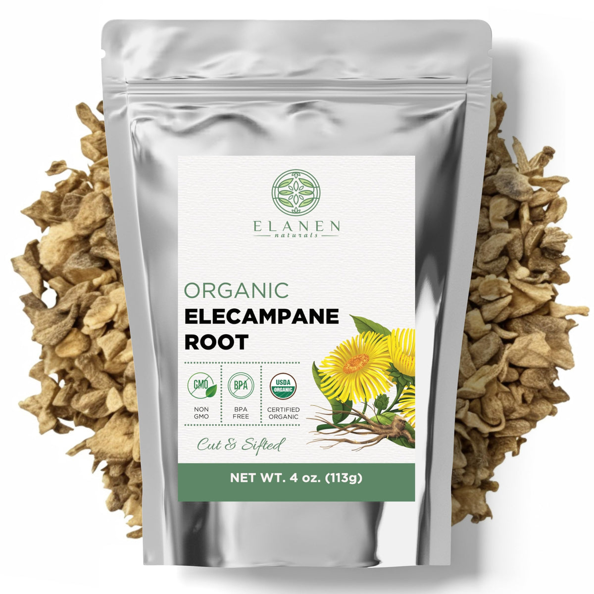 Elanen Naturals elecampane root cut and sifted for infusion and decoction.