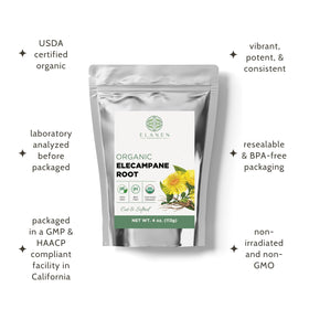 Elanen Naturals organic elecampane root with USDA Organic certification seal.