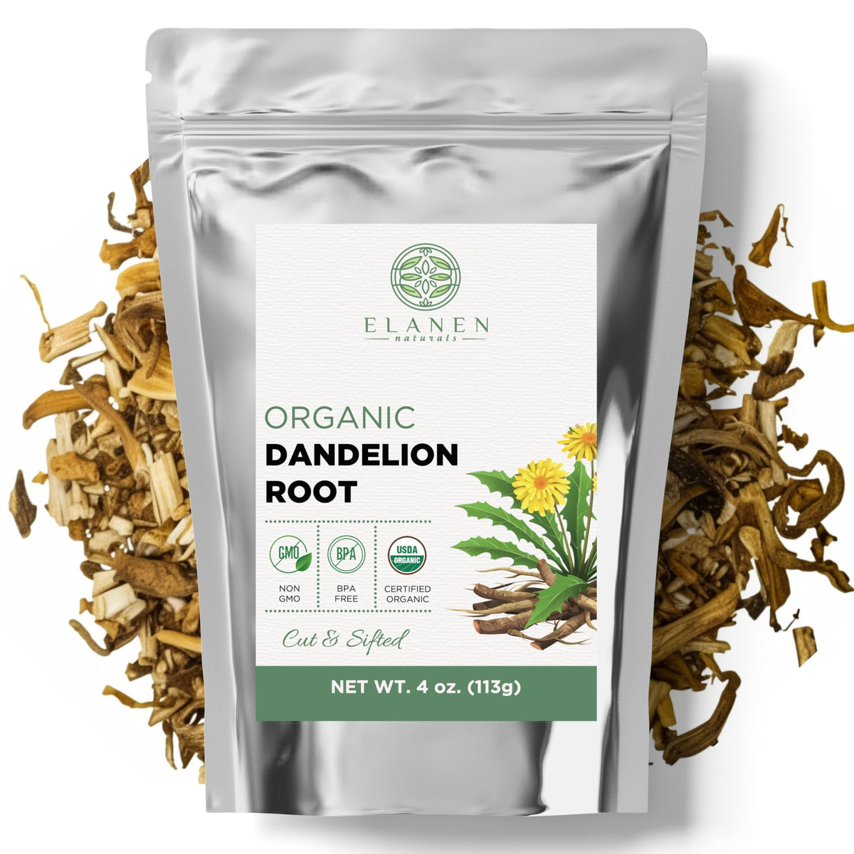 Elanen Naturals Organic Dandelion Root Loose Tea with earthy aroma for a comforting cup.