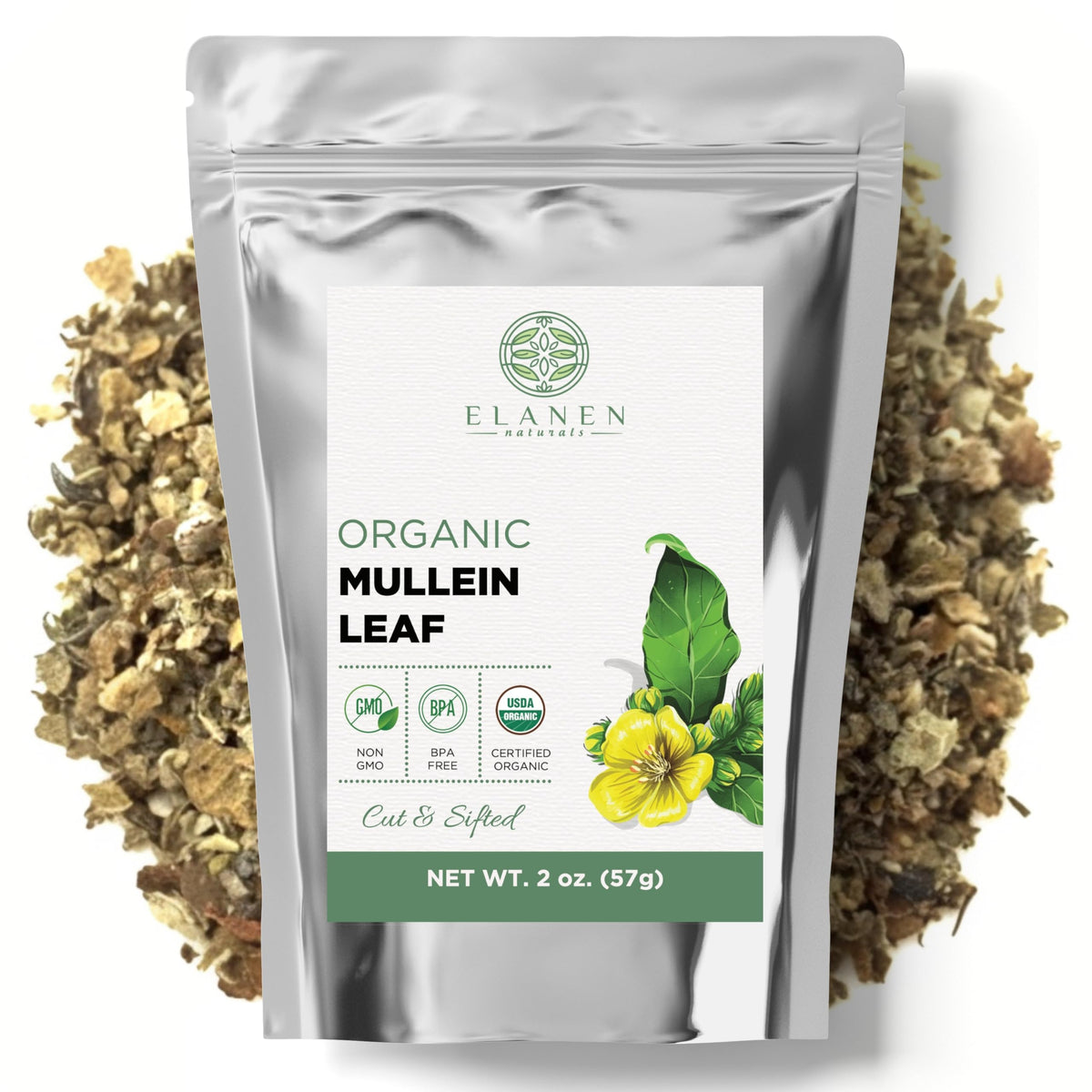 Elanen Naturals organic mullein leaf tea packaging with BPA-free resealable bag.