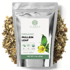 Elanen Naturals organic mullein leaf tea packaging with BPA-free resealable bag.