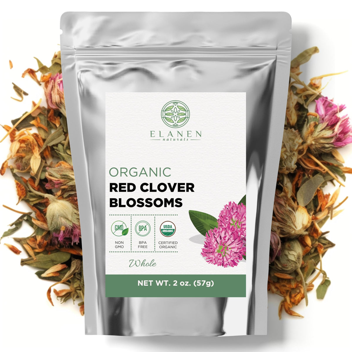 Elanen Naturals organic red clover blossoms tea for a fragrant loose-leaf brew