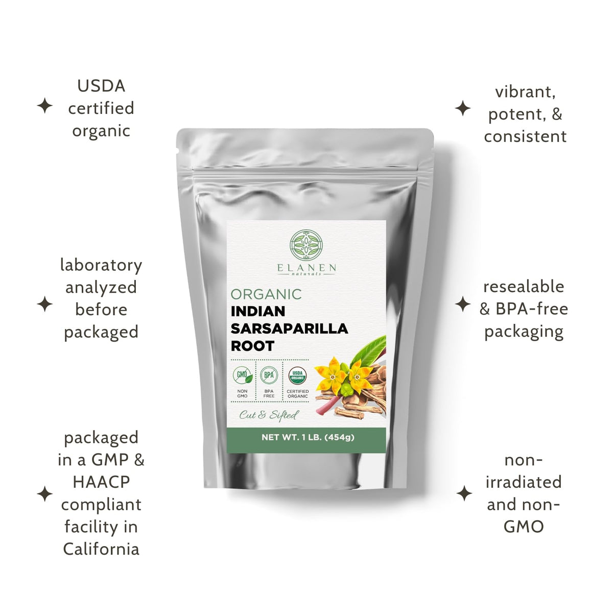 Lab-tested sarsaparilla root by Elanen Naturals ensuring quality.