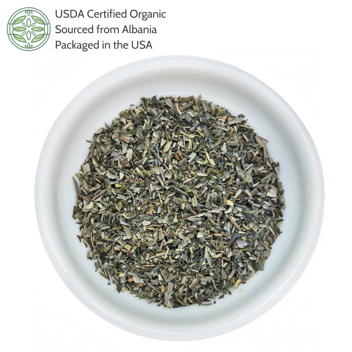 Elanen Naturals Organic Olive Leaf Tea dried leaves closeup showing freshness and aroma.