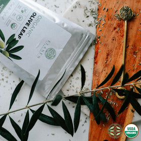 Elanen Naturals Organic Olive Leaf Tea hot brew invites hot or iced enjoyment.