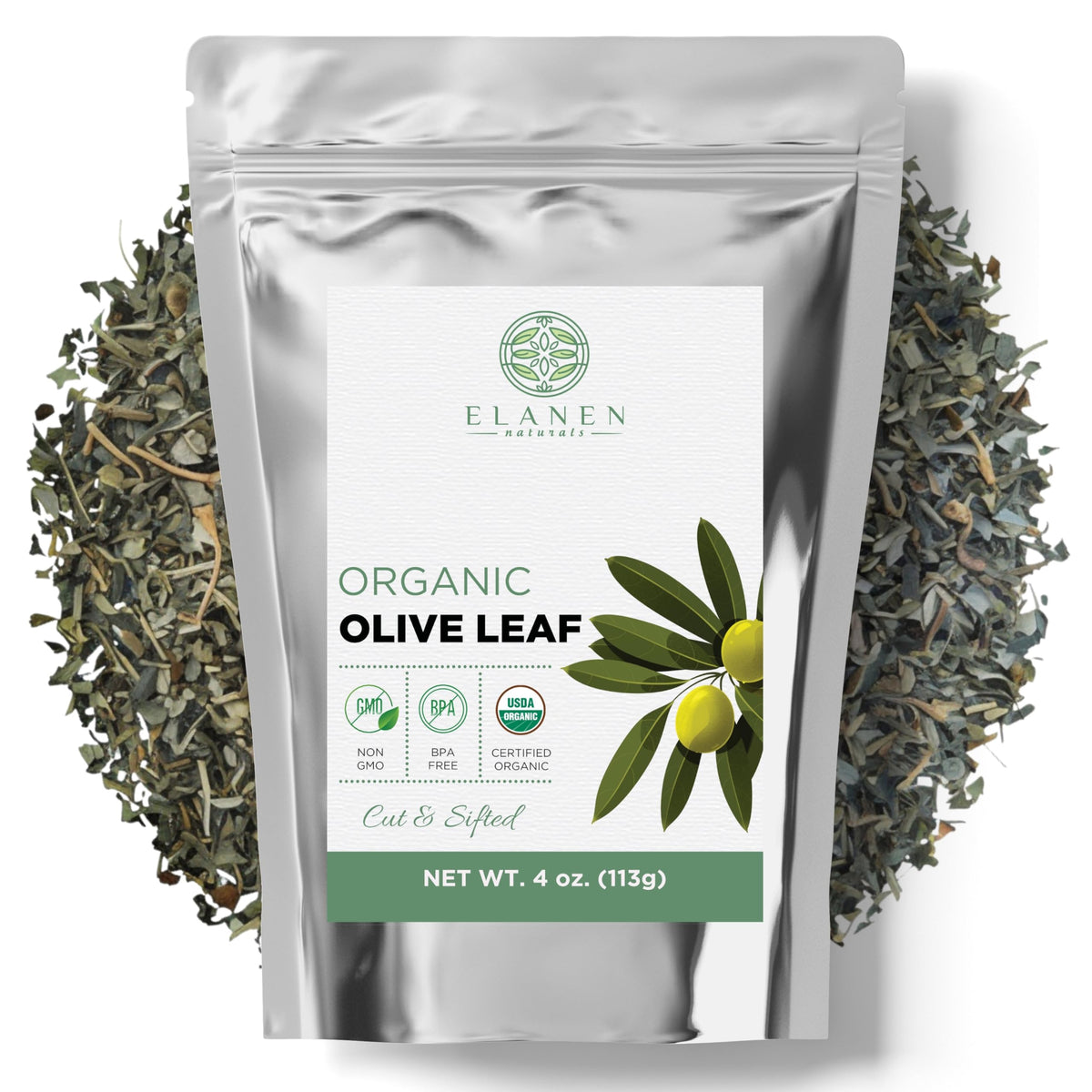 Elanen Naturals Organic Olive Leaf Tea packaging highlights premium organic quality for everyday use.