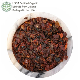 Elanen Naturals organic rosehips dried, vibrant color inviting flavorful, caffeine-free infusions.