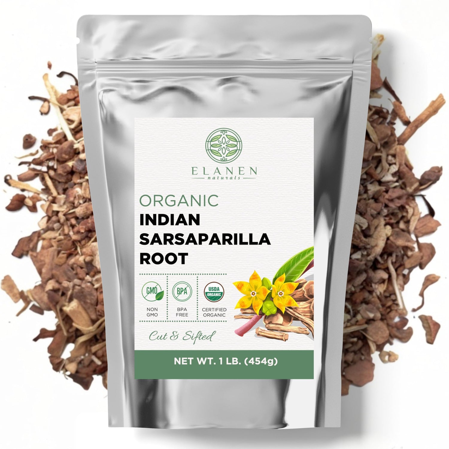 Elanen Naturals organic sarsaparilla root 1 lb for tea and blends.