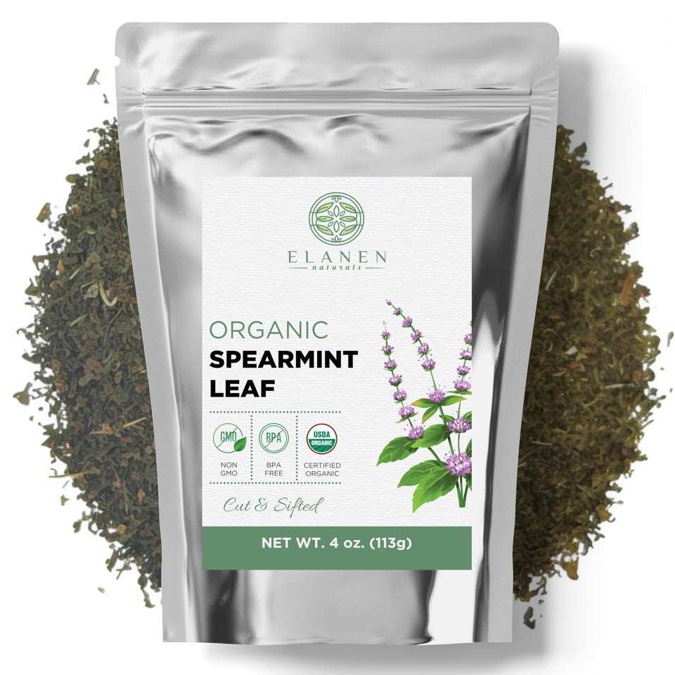 Elanen Naturals Organic Spearmint Leaves 4oz pack with fresh aroma for daily tea