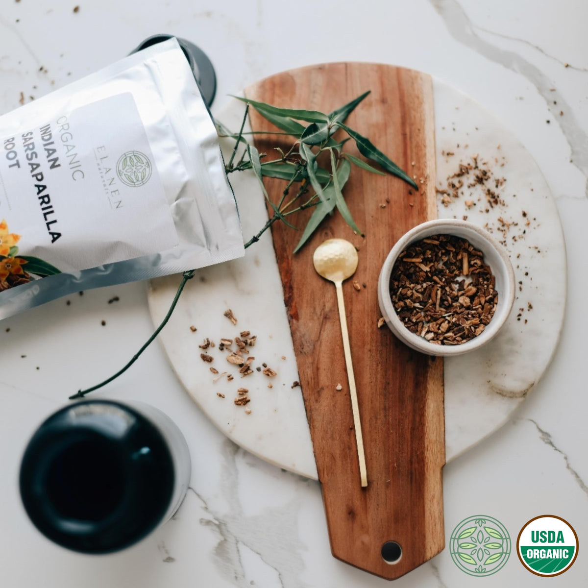 Organically grown sarsaparilla from India by Elanen Naturals with pleasant aroma.