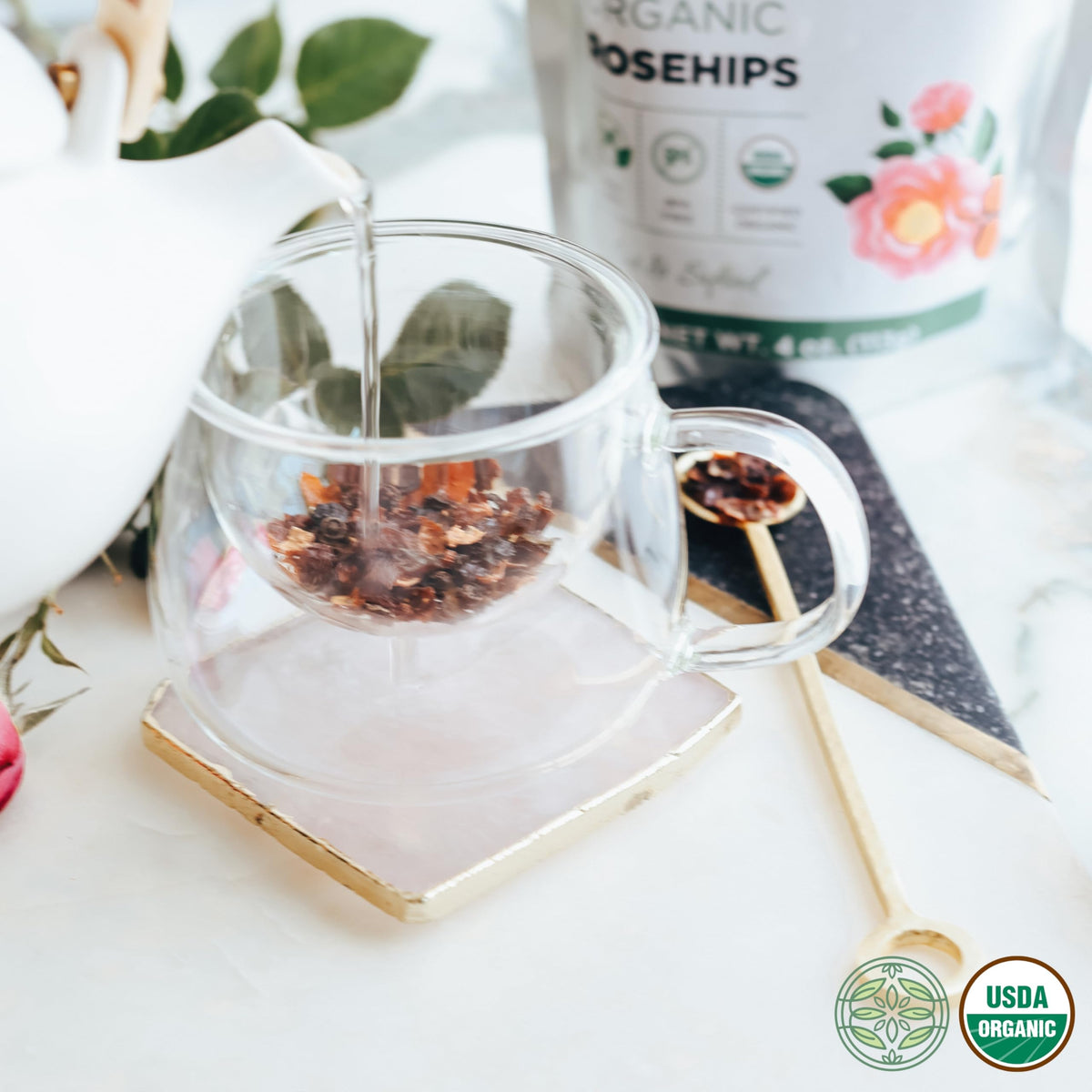 Elanen Naturals bulk rosehips in bowl, rich aroma inspiring cozy tea moments.