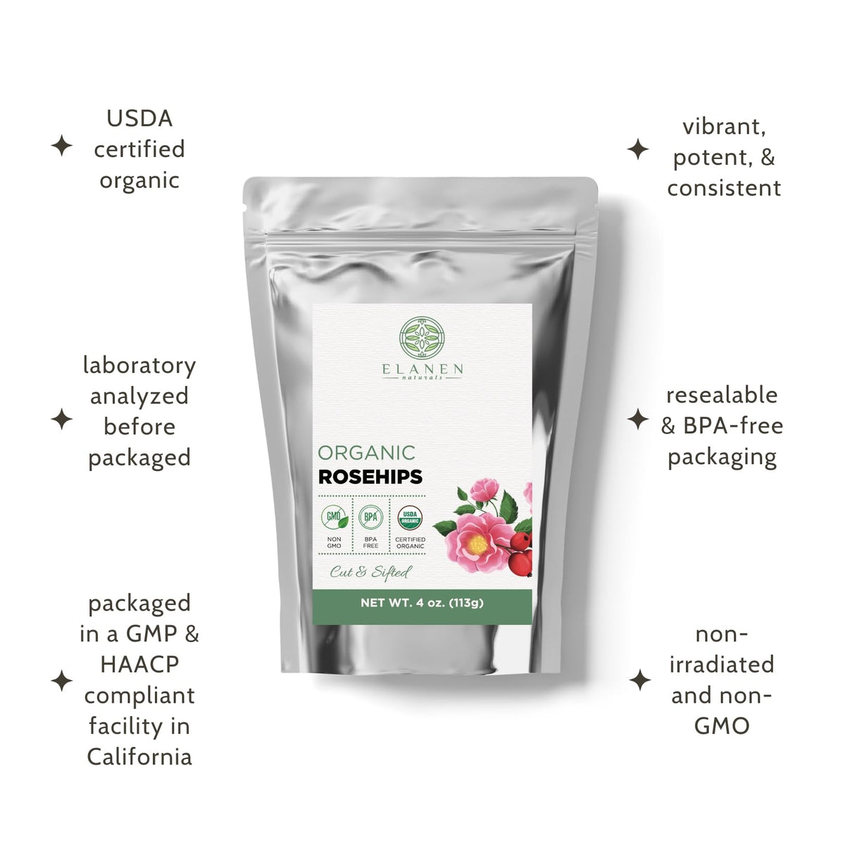 Elanen Naturals rosehips cut sifted, quick-steep convenience for everyday teas.