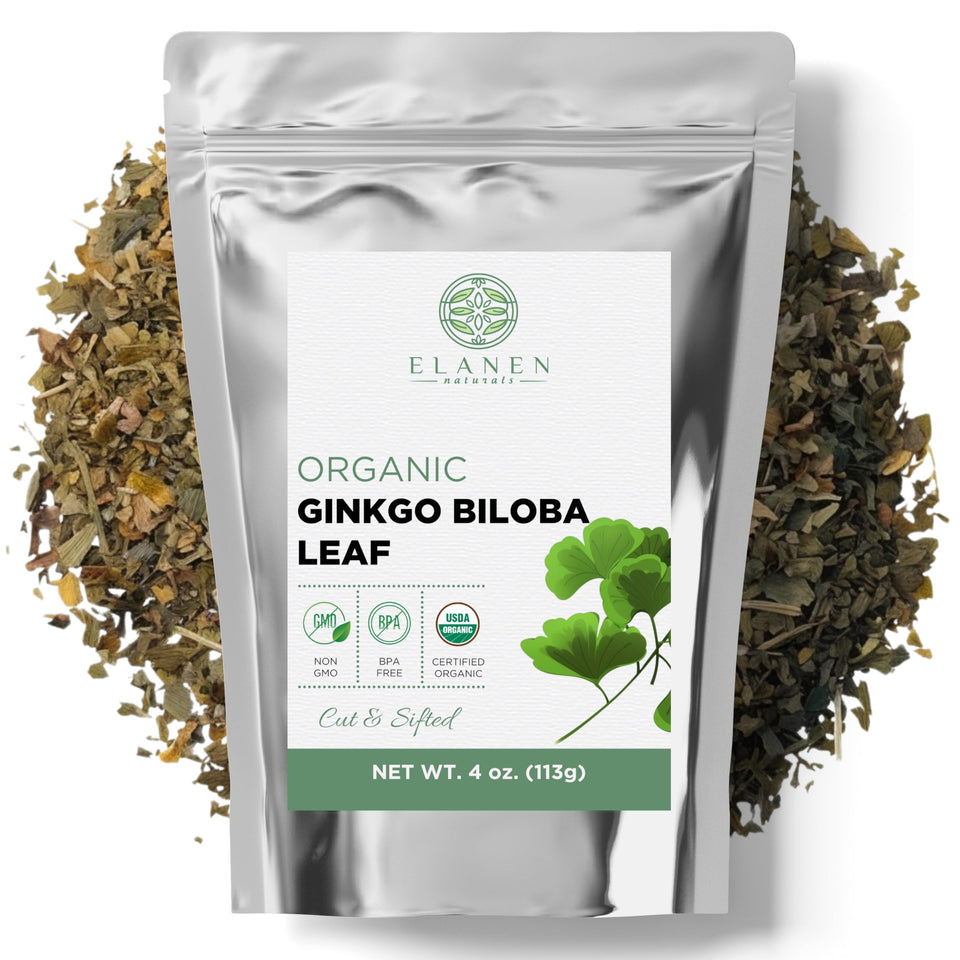 Elanen Naturals ginkgo leaves pack for fresh-brewed tea with organic quality.