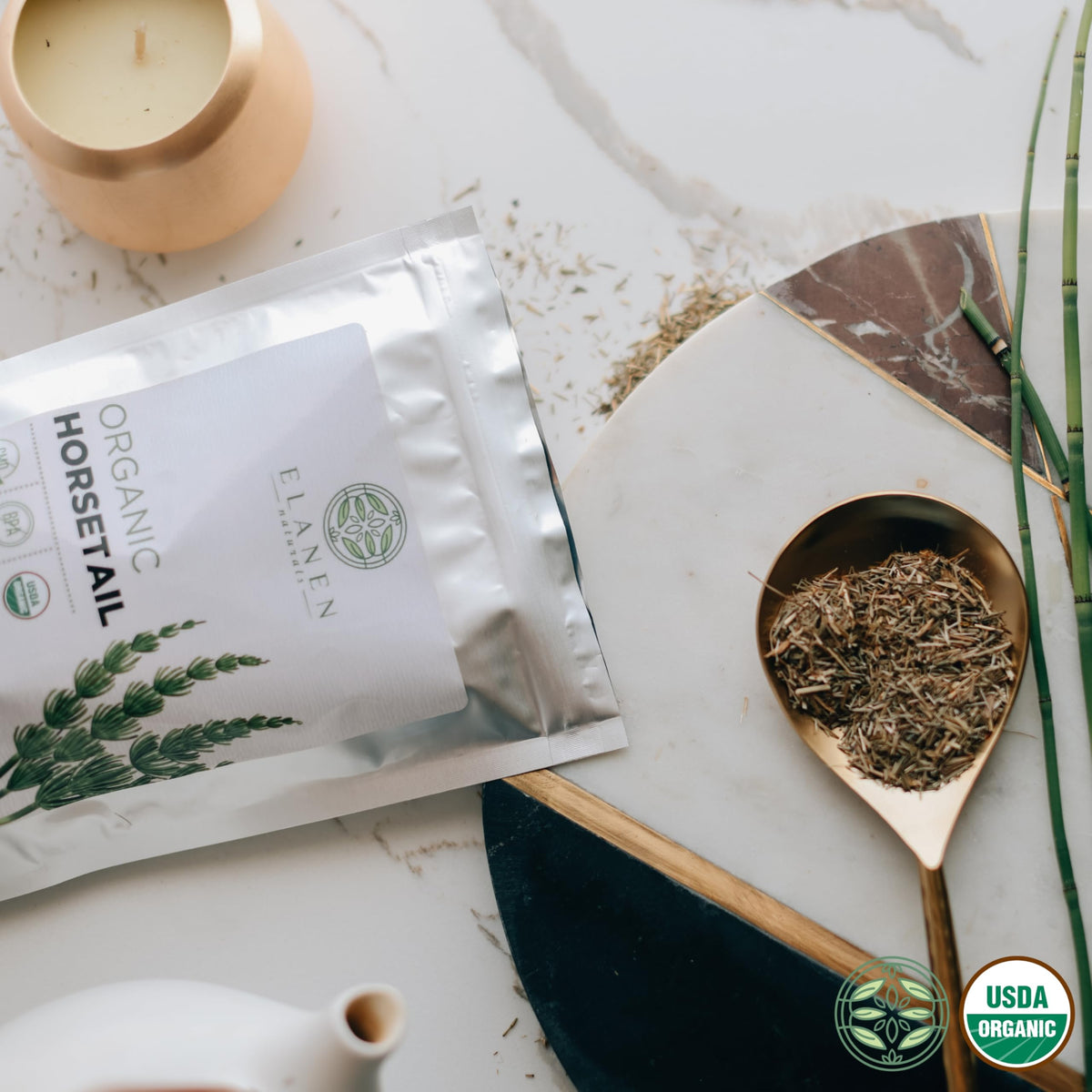 Elanen Naturals horsetail tea with earthy flavor and mild sweetness